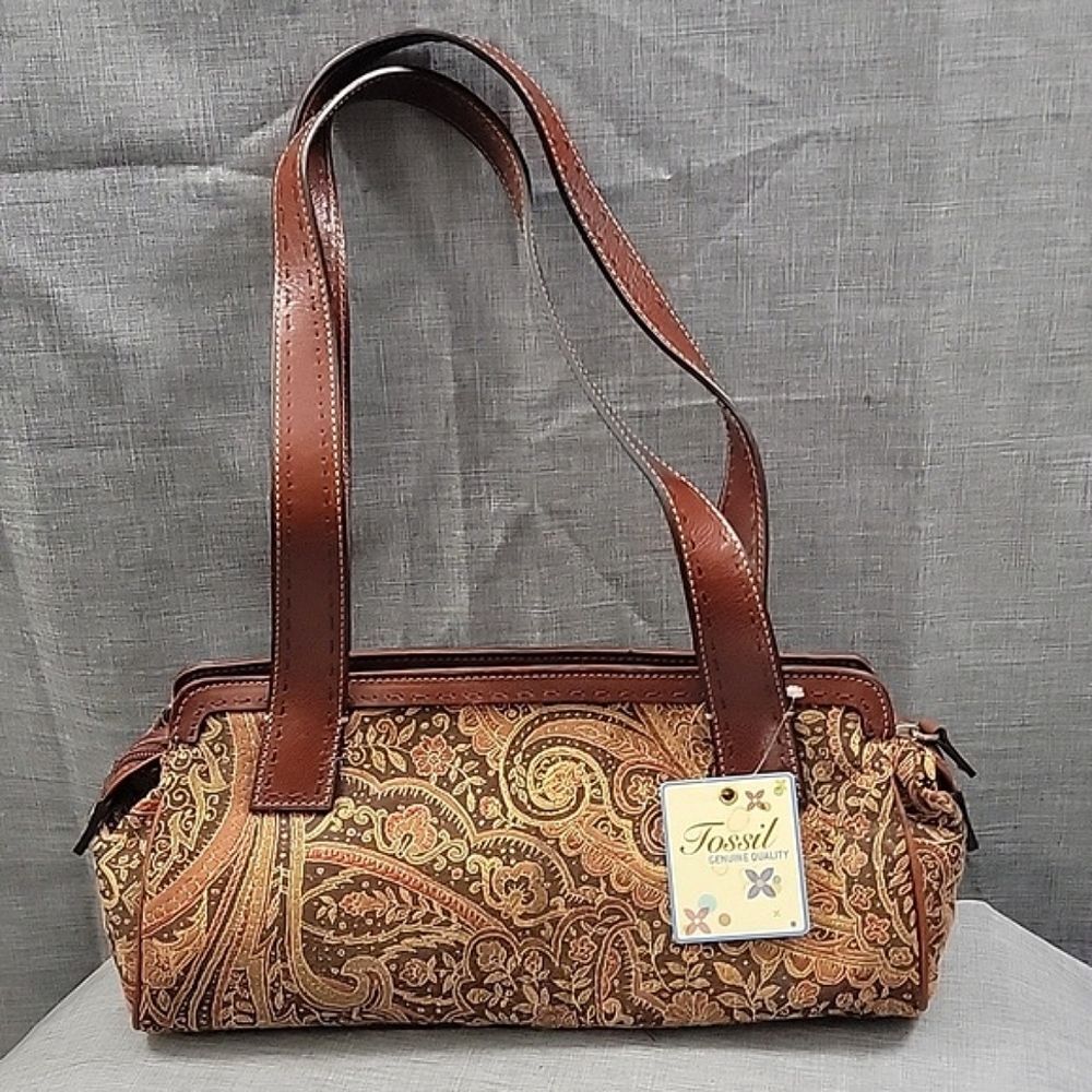 Fossil NWT Sedona Paisley tapestry Fabric Brown Leather Shoulder Bag - READ